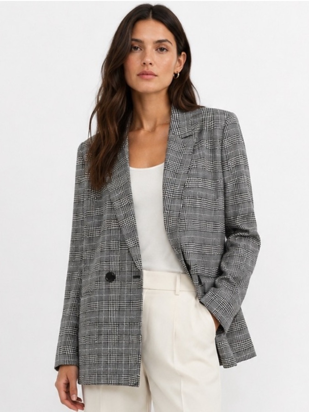 ANINE BING Madeleine Grey Plaid Double Breasted Blazer Size M